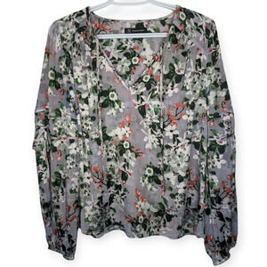 INC International Concepts Tie V  Neck Grey Floral Textured Blouse Women Small